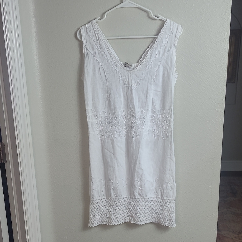 Cotton Natural White Embroidered Sleeveless Swim Cover